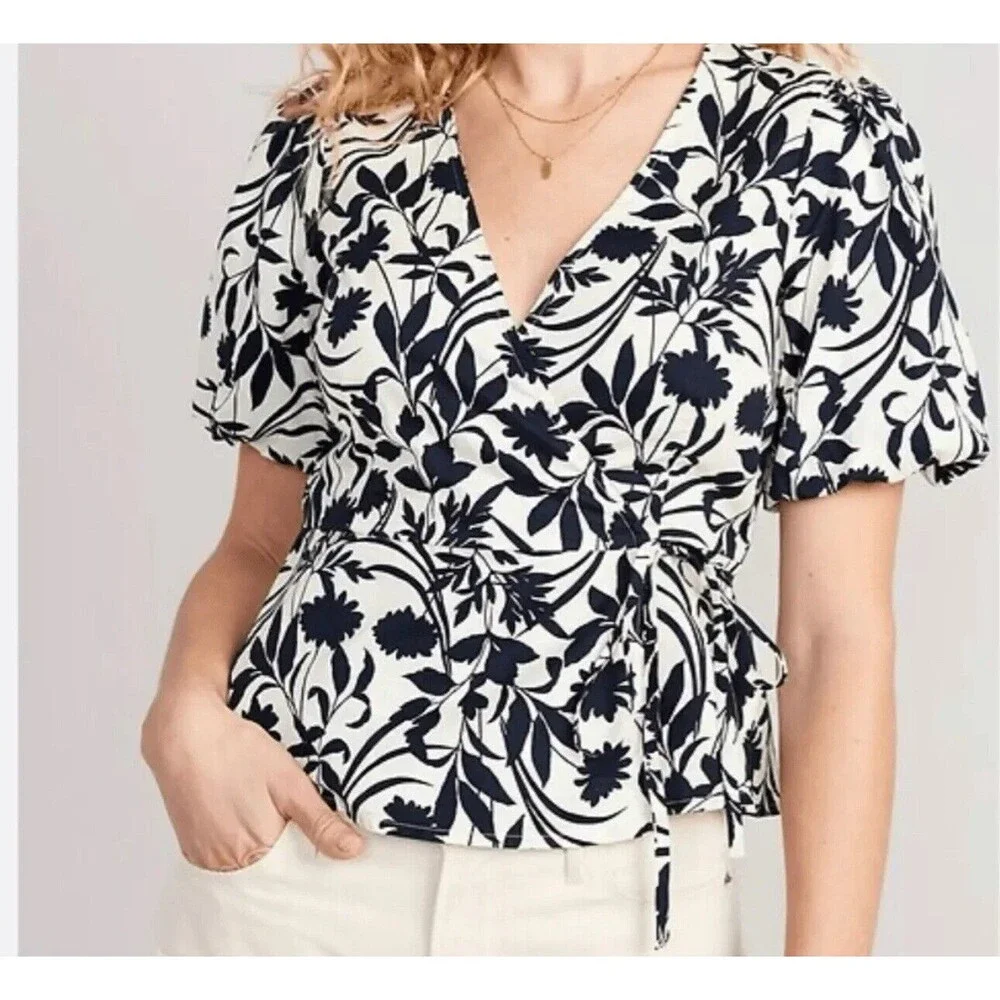 NWT Old Navy Defined Waist Tie Wrap Top V-Neck Navy Floral Womens Puff Sleeve 4X